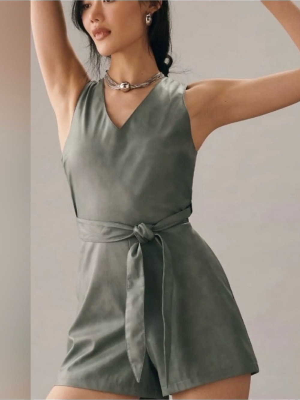 Avec Les Filles Olive Green Sleeveless V-Neck Tie-Waist Mini Dress